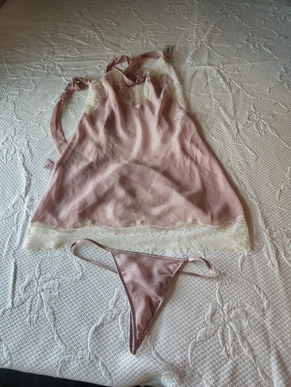 Adore Me Blush Pink Lace-Trim Satin Chemise & Thong